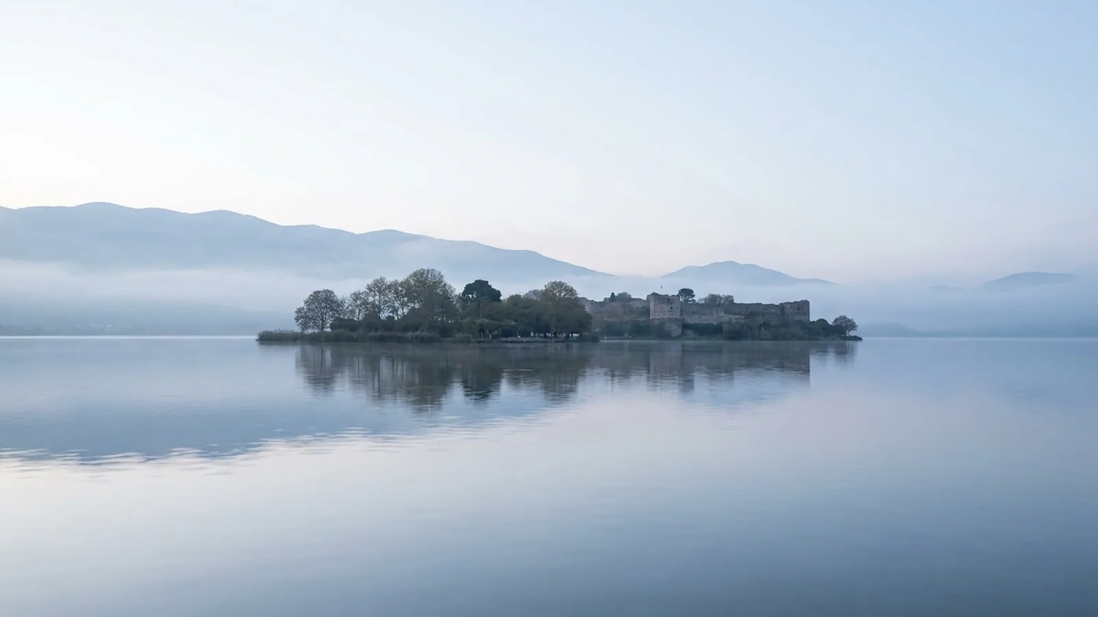 Lake Pamvotida with the island at dawn