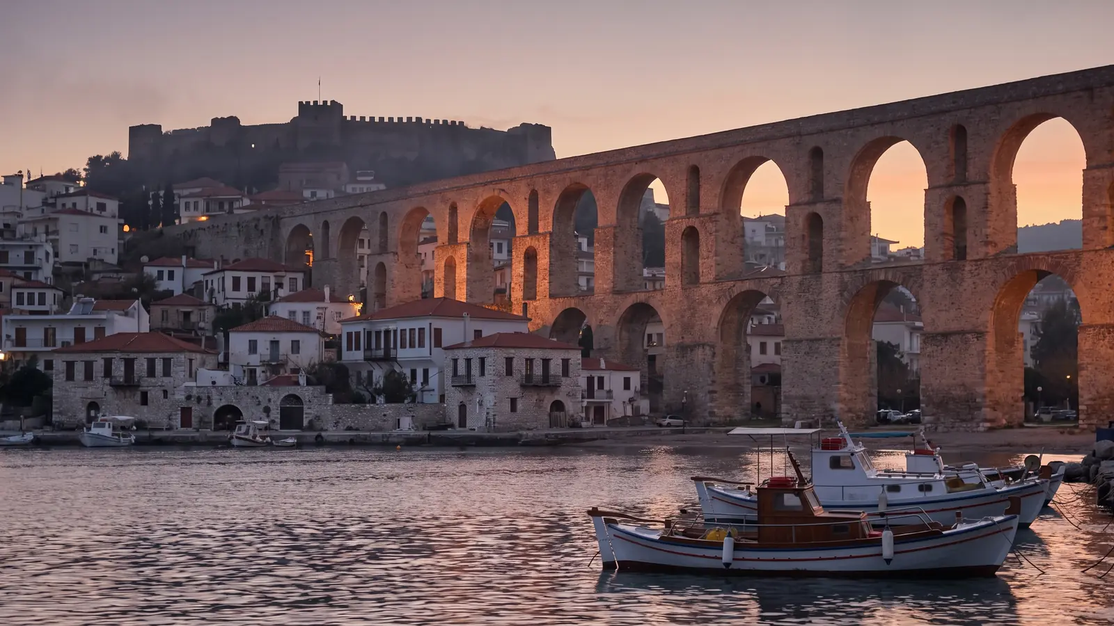 The Kamares aqueduct above the rooftops of Kavala
