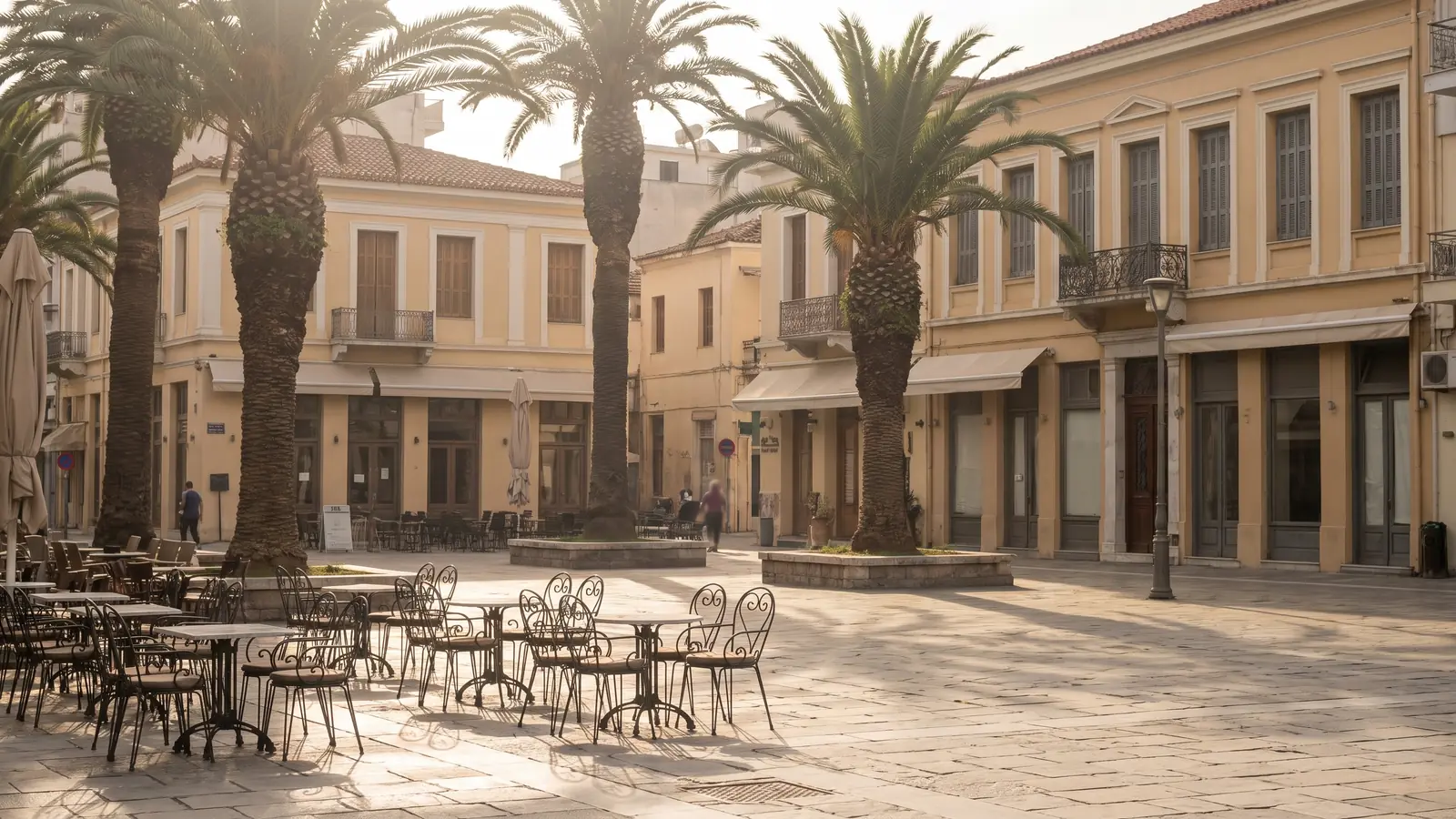 Palm trees and neoclassical buildings in central Larissa