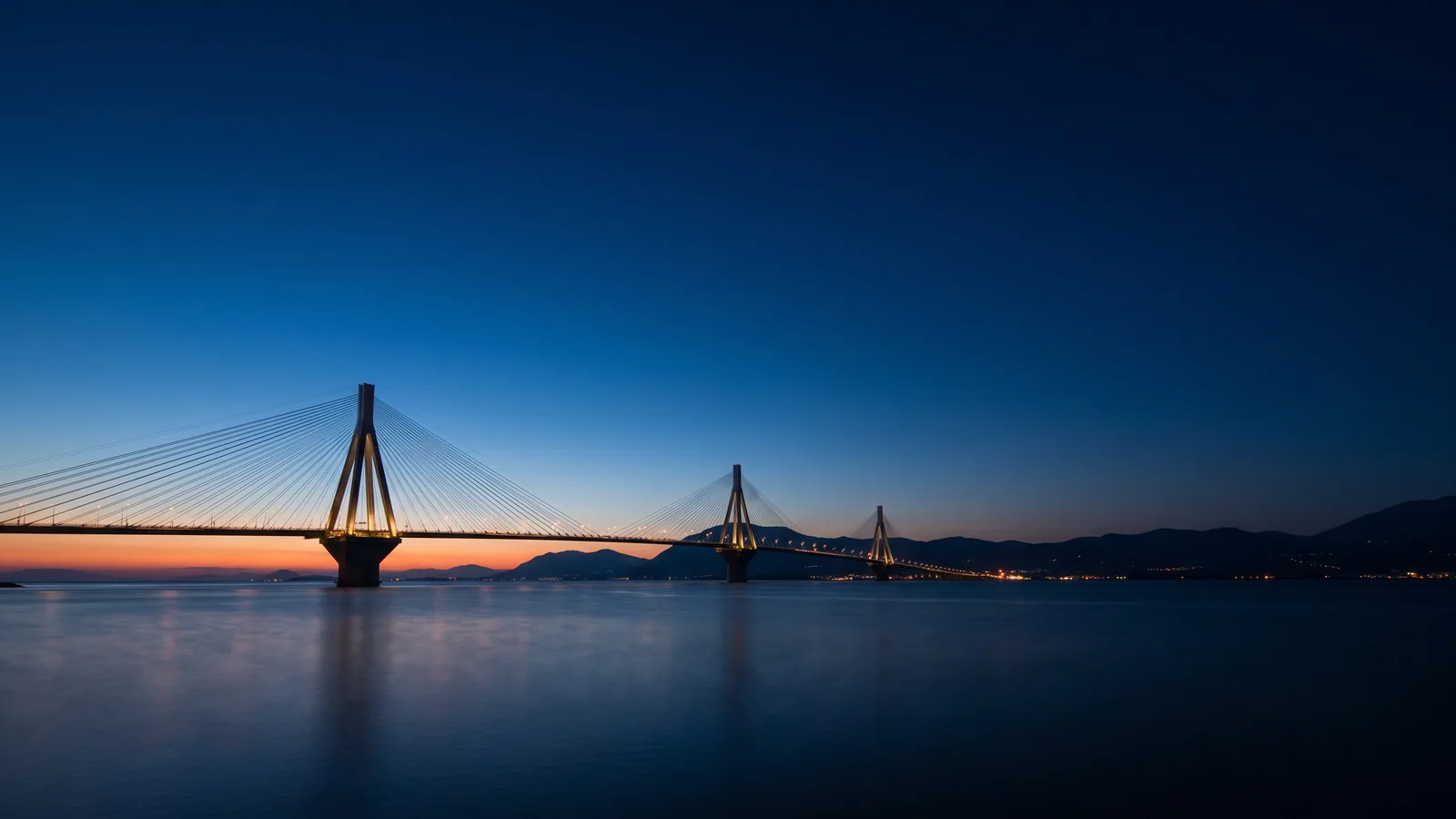 The Rio–Antirrio bridge at blue hour