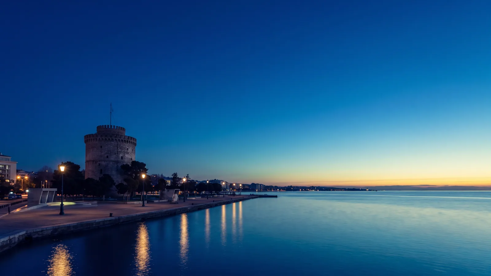 Thessaloniki waterfront with the White Tower at dusk